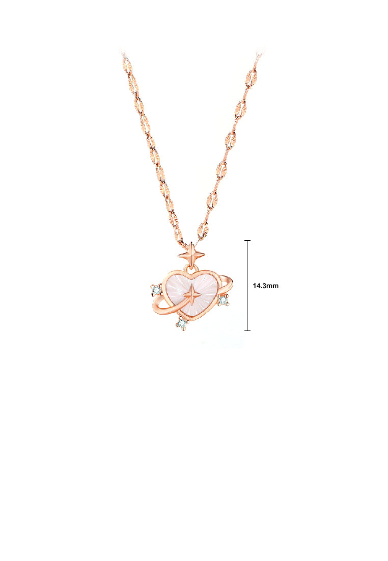 925 Sterling Silver Plated Rose Gold Simple Romantic Star Heart Mother-of-Pearl Pendant with Cubic Zirconia and Necklace - Luxurious Look