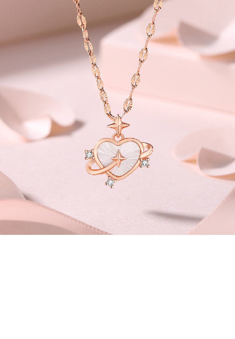 925 Sterling Silver Plated Rose Gold Simple Romantic Star Heart Mother-of-Pearl Pendant with Cubic Zirconia and Necklace - Luxurious Look