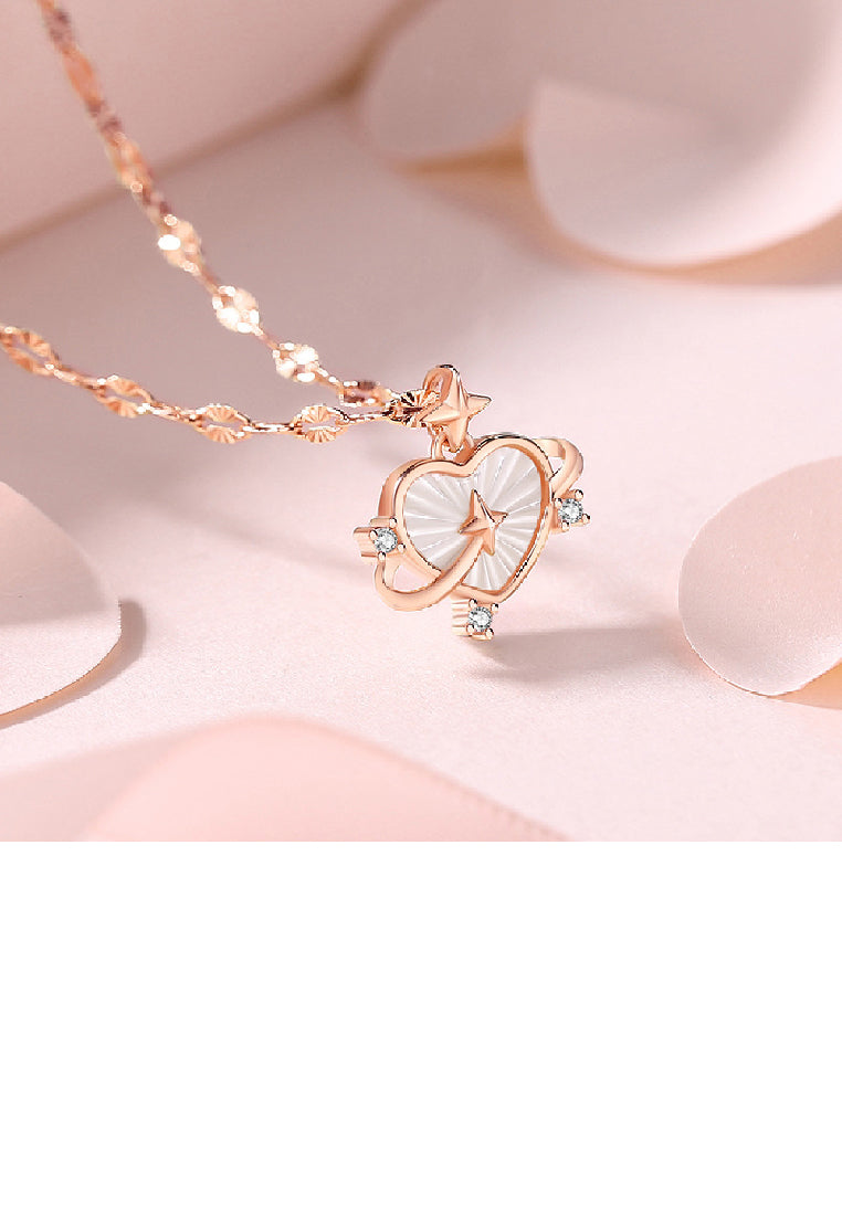 925 Sterling Silver Plated Rose Gold Simple Romantic Star Heart Mother-of-Pearl Pendant with Cubic Zirconia and Necklace - Luxurious Look