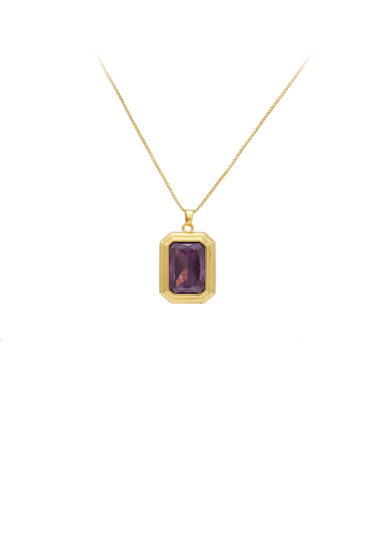 Fashion Simple Plated Gold Geometric Cube Pendant with Purple Cubic Zirconia and Necklace - Luxurious Look