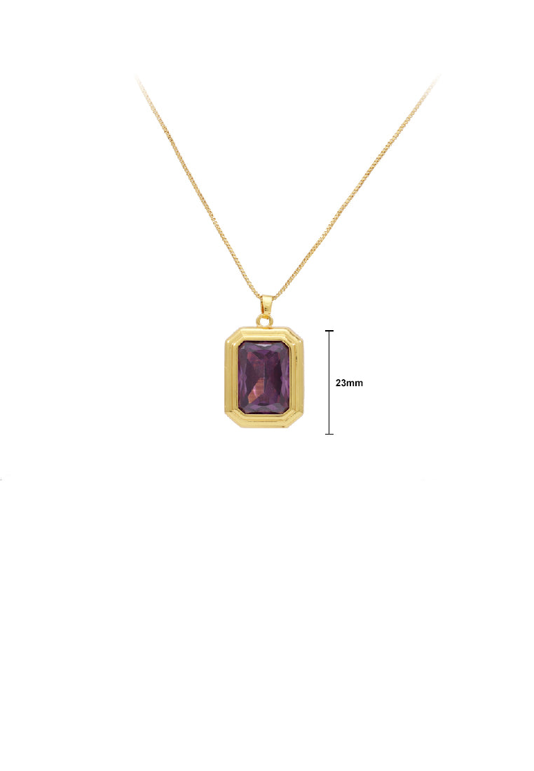 Fashion Simple Plated Gold Geometric Cube Pendant with Purple Cubic Zirconia and Necklace - Luxurious Look