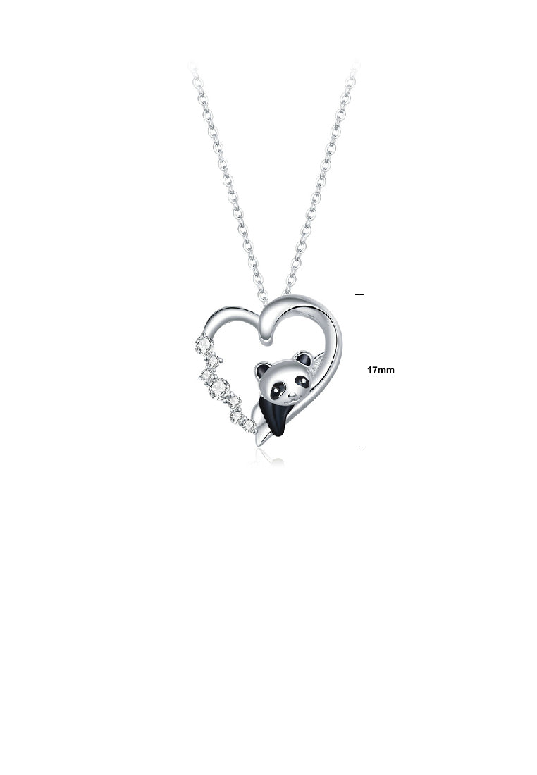 925 Sterling Silver Simple Cute Panda Heart Pendant with Cubic Zirconia and Necklace - Luxurious Look