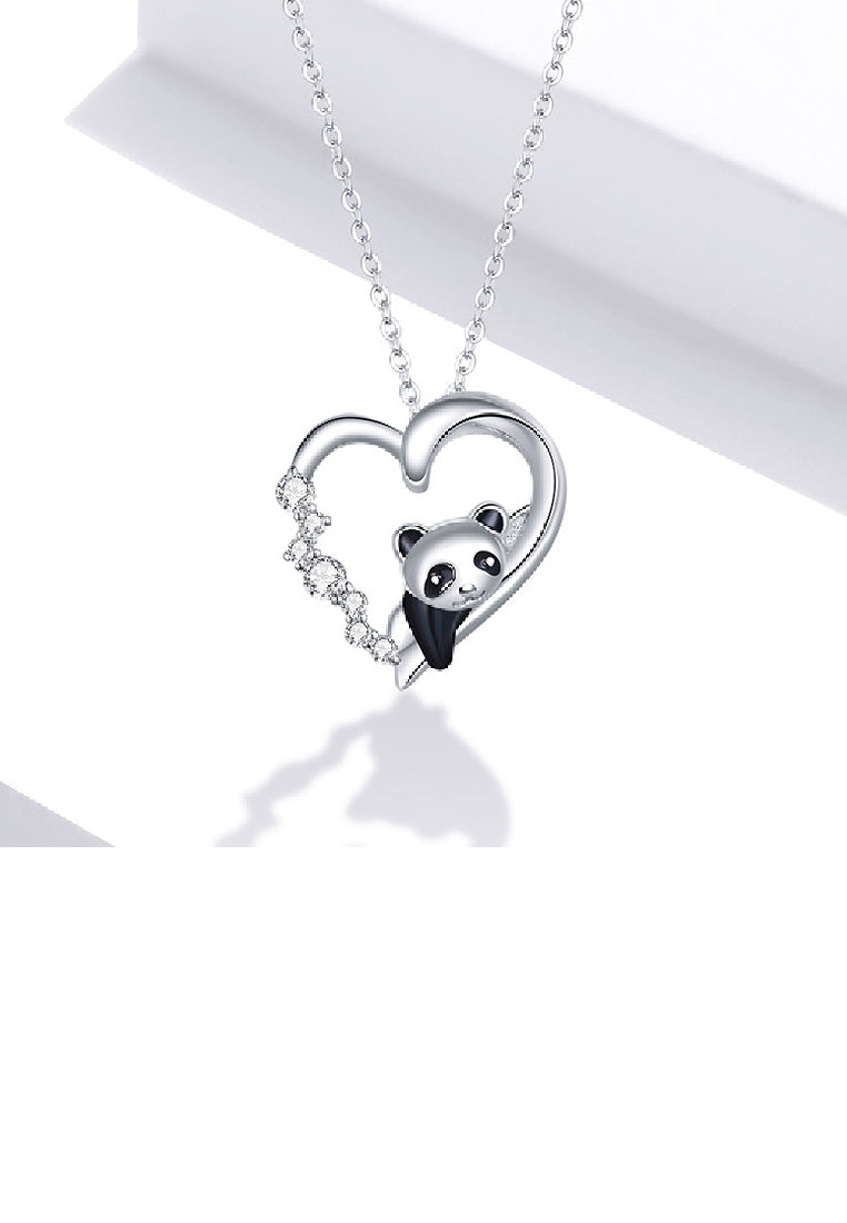 925 Sterling Silver Simple Cute Panda Heart Pendant with Cubic Zirconia and Necklace - Luxurious Look