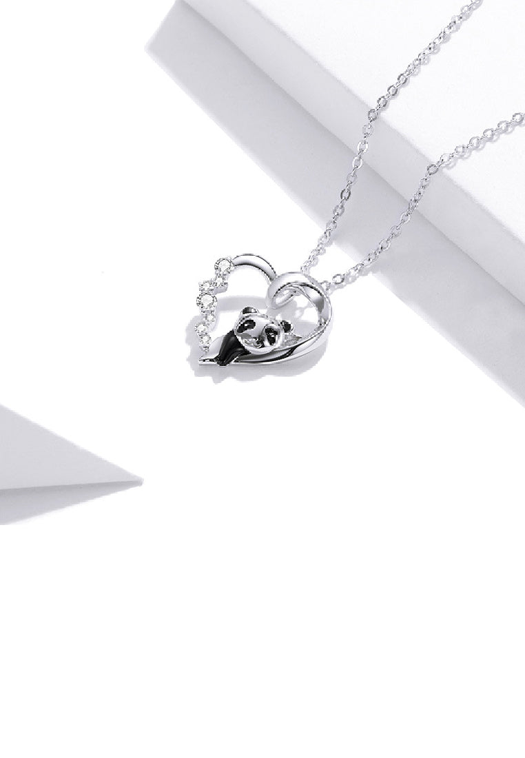 925 Sterling Silver Simple Cute Panda Heart Pendant with Cubic Zirconia and Necklace - Luxurious Look