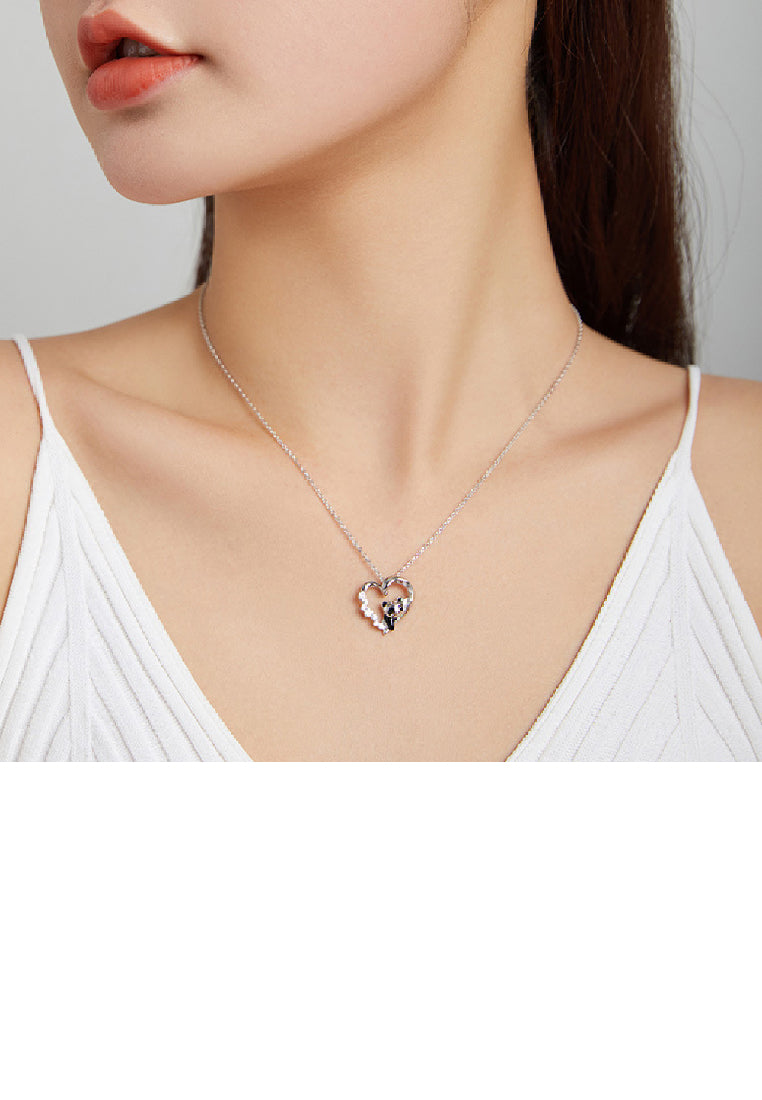 925 Sterling Silver Simple Cute Panda Heart Pendant with Cubic Zirconia and Necklace - Luxurious Look