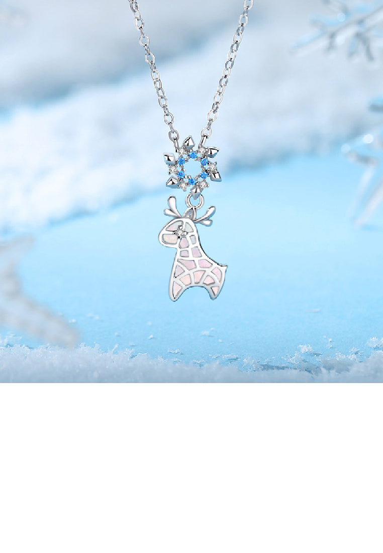 925 Sterling Silver Fashion Cute Christmas Elk Snowflake Pendant with Cubic Zirconia and Necklace - Luxurious Look