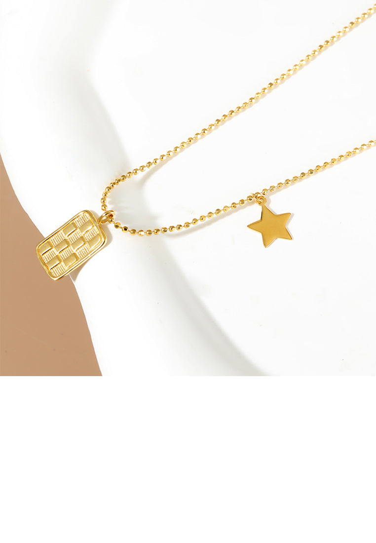 925 Sterling Silver Plated Gold Simple Temperament Geometric Square Star Pendant with Necklace