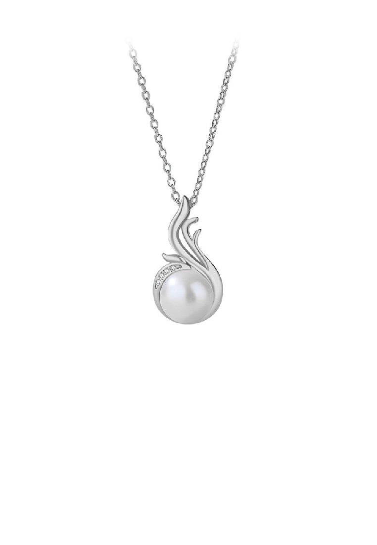 925 Sterling Silver Fashion Temperament Pteris Imitation Pearl Pendant with Cubic Zirconia and Necklace - Luxurious Look