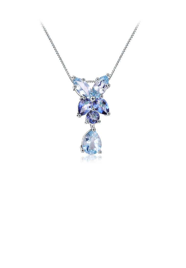 925 Sterling Silver Fashion Luxurious Floral Water Drop Shape Geometric Pendant with Blue Topaz and Necklace