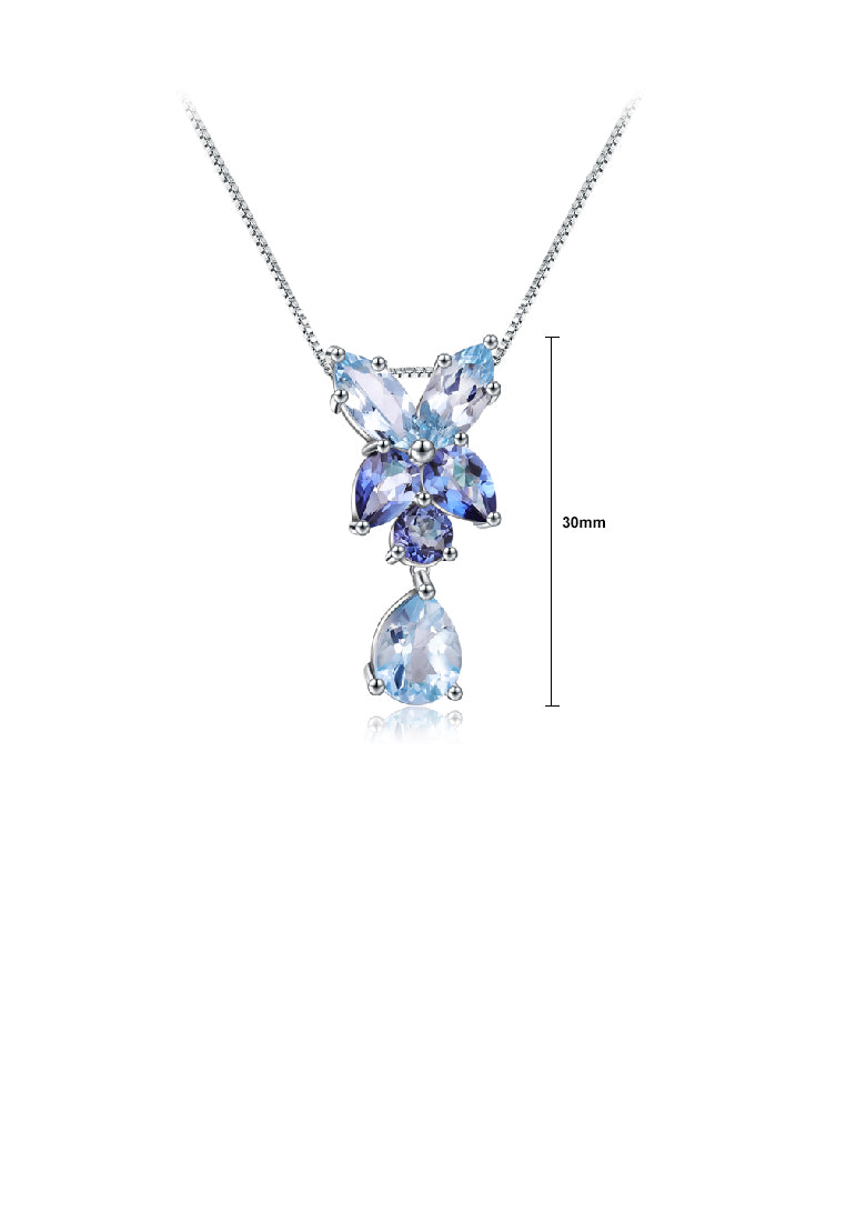 925 Sterling Silver Fashion Luxurious Floral Water Drop Shape Geometric Pendant with Blue Topaz and Necklace