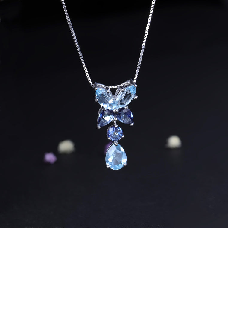 925 Sterling Silver Fashion Luxurious Floral Water Drop Shape Geometric Pendant with Blue Topaz and Necklace