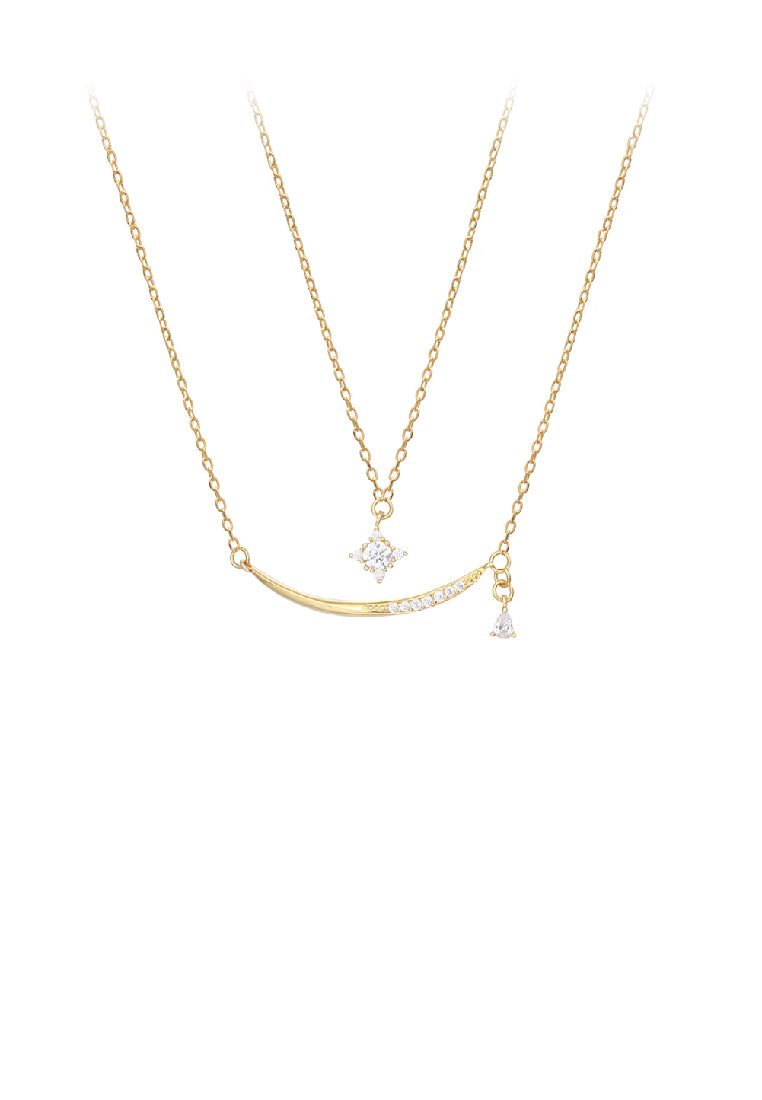 925 Sterling Silver Plated Gold Fashion Simple Smile Star Pendant with Cubic Zirconia and Double Layer Necklace - Luxurious Look