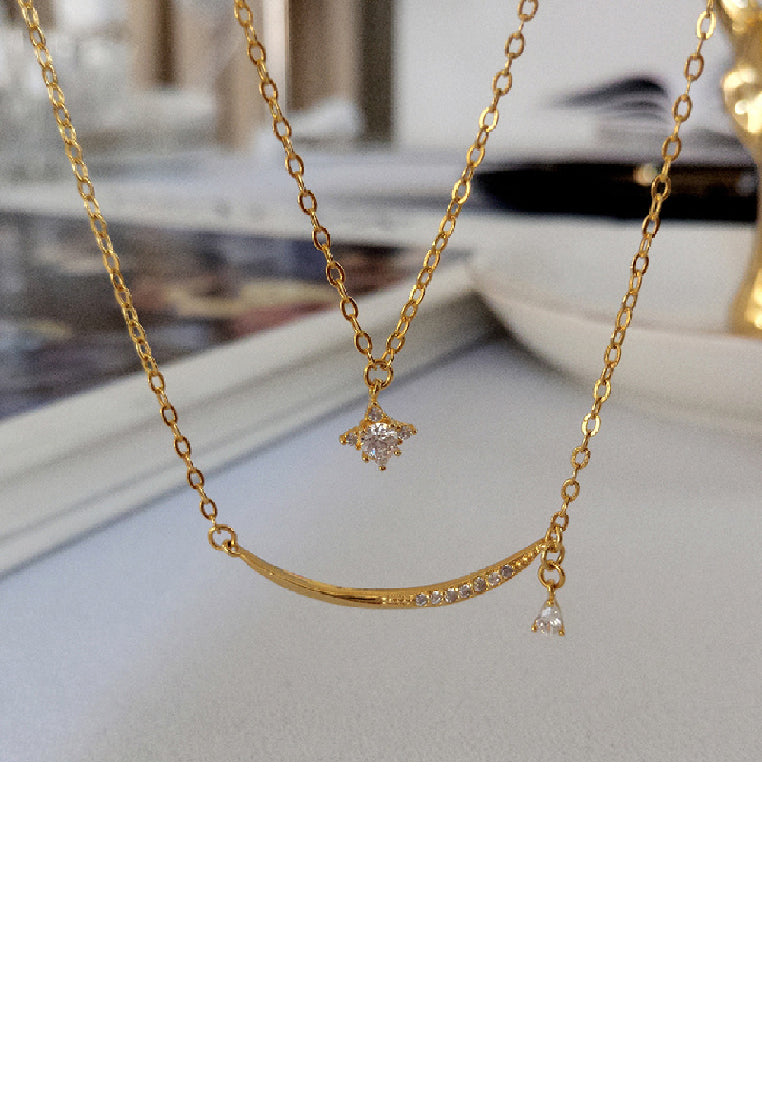 925 Sterling Silver Plated Gold Fashion Simple Smile Star Pendant with Cubic Zirconia and Double Layer Necklace - Luxurious Look