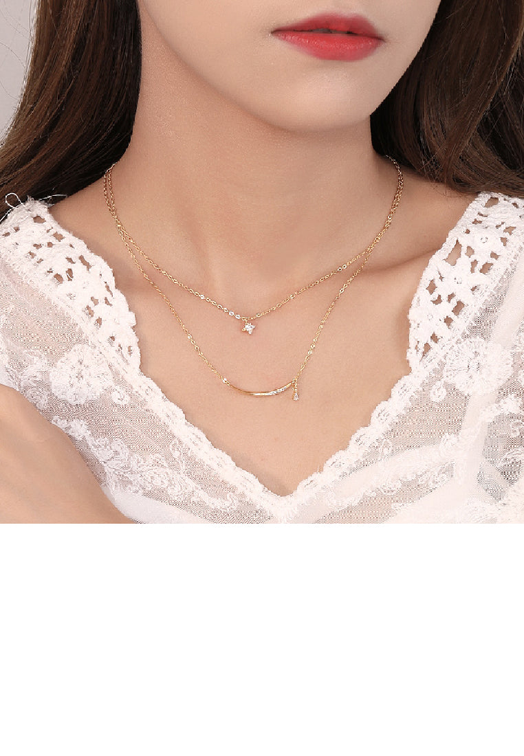 925 Sterling Silver Plated Gold Fashion Simple Smile Star Pendant with Cubic Zirconia and Double Layer Necklace - Luxurious Look