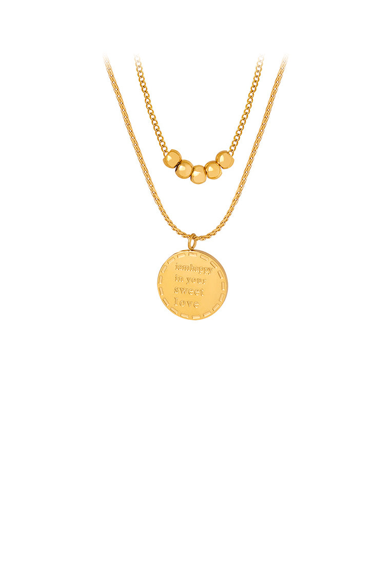 Fashion and Simple Plated Gold 316L Stainless Steel English Alphabet Geometric Round Pendant with Double Layer Necklace