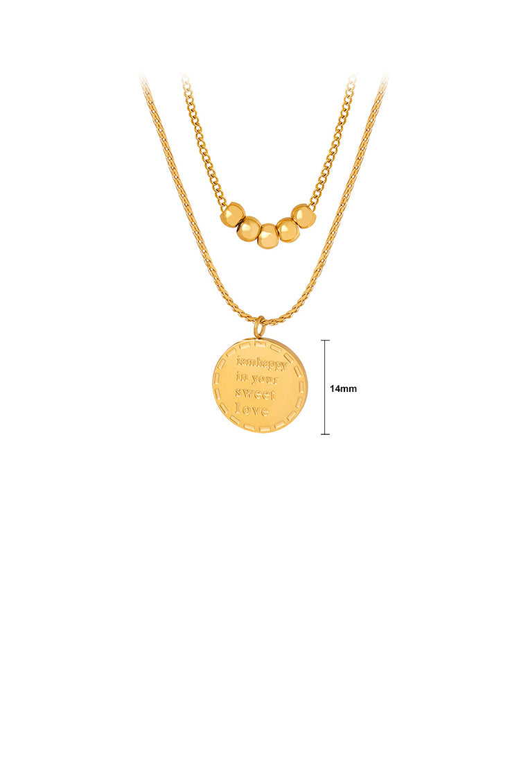 Fashion and Simple Plated Gold 316L Stainless Steel English Alphabet Geometric Round Pendant with Double Layer Necklace