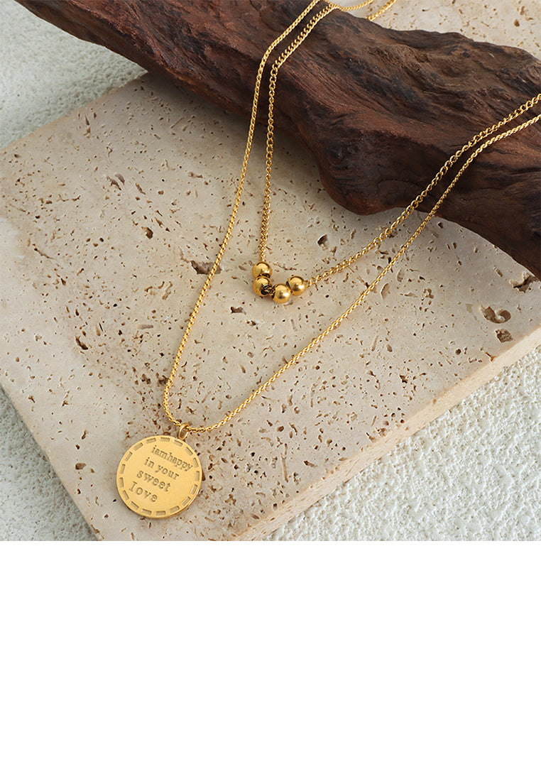 Fashion and Simple Plated Gold 316L Stainless Steel English Alphabet Geometric Round Pendant with Double Layer Necklace
