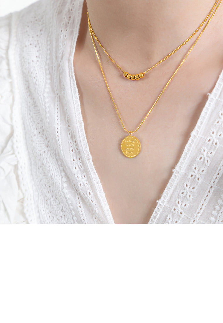 Fashion and Simple Plated Gold 316L Stainless Steel English Alphabet Geometric Round Pendant with Double Layer Necklace