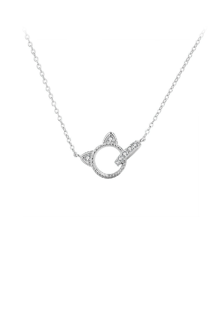 925 Sterling Silver Simple Cute Cat Double Ring Pendant with Cubic Zirconia and Necklace - Luxurious Look