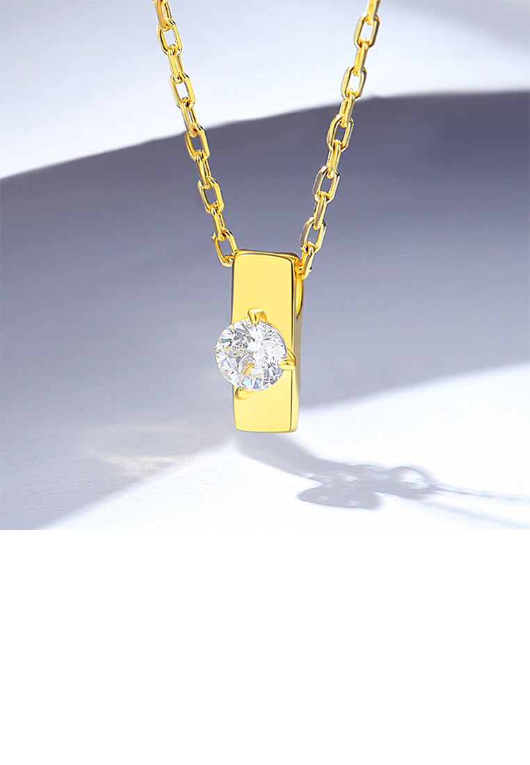 925 Sterling Silver Plated Gold Simple and Fashion Strip Geometric Pendant with Cubic Zirconia and Necklace - Luxurious Look