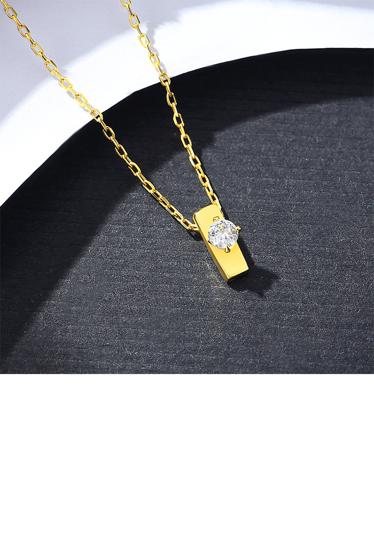 925 Sterling Silver Plated Gold Simple and Fashion Strip Geometric Pendant with Cubic Zirconia and Necklace - Luxurious Look