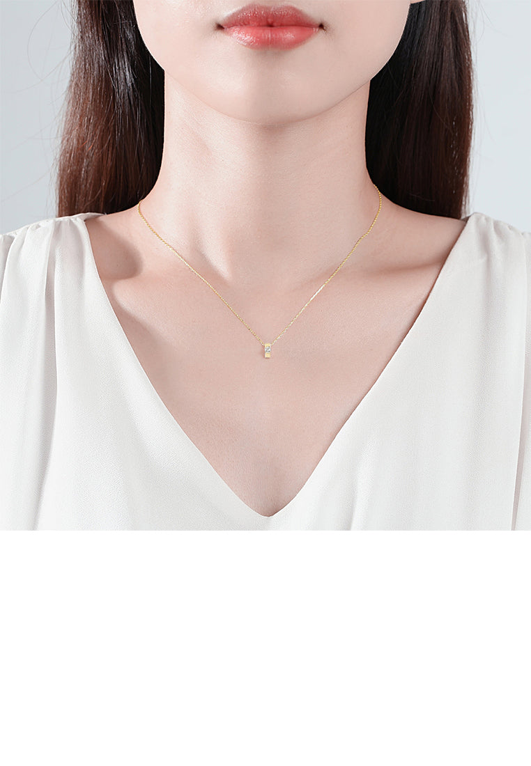 925 Sterling Silver Plated Gold Simple and Fashion Strip Geometric Pendant with Cubic Zirconia and Necklace - Luxurious Look