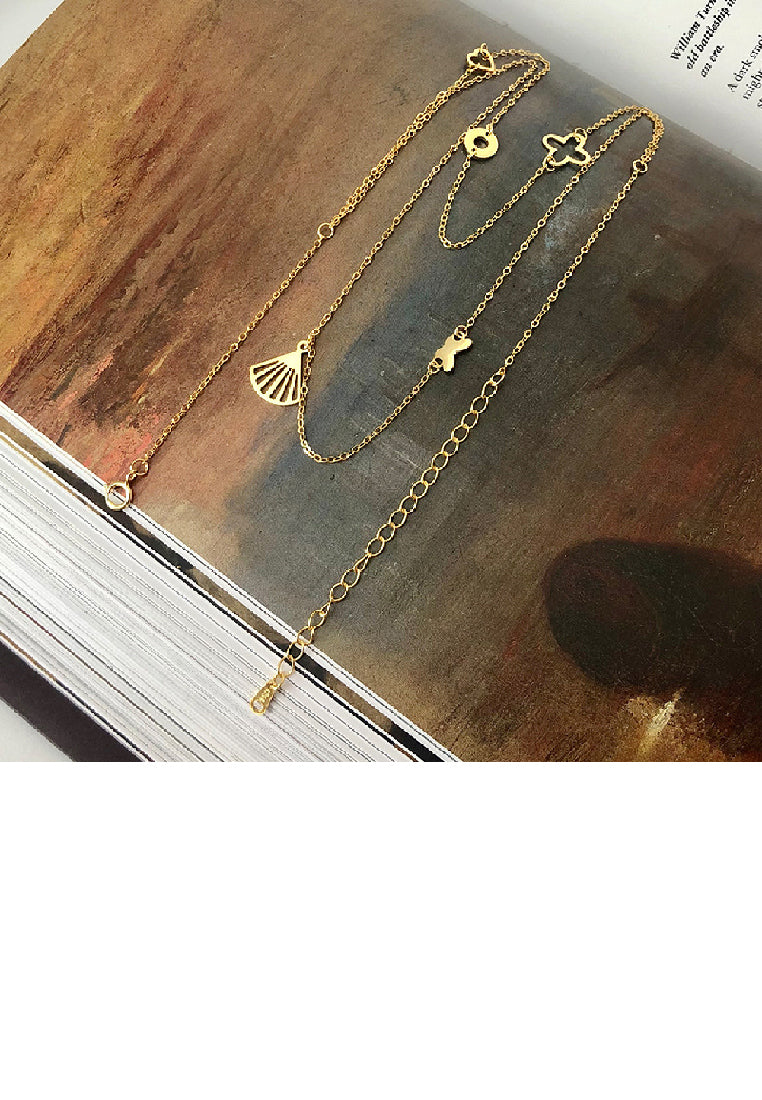 925 Sterling Silver Plated Gold Fashion Simple Hollow Scalloped Scallop Pendant with Double Layer Necklace