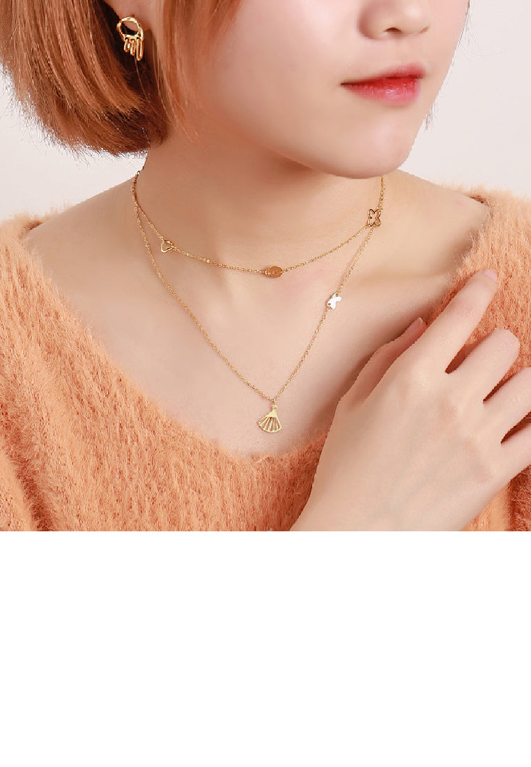 925 Sterling Silver Plated Gold Fashion Simple Hollow Scalloped Scallop Pendant with Double Layer Necklace