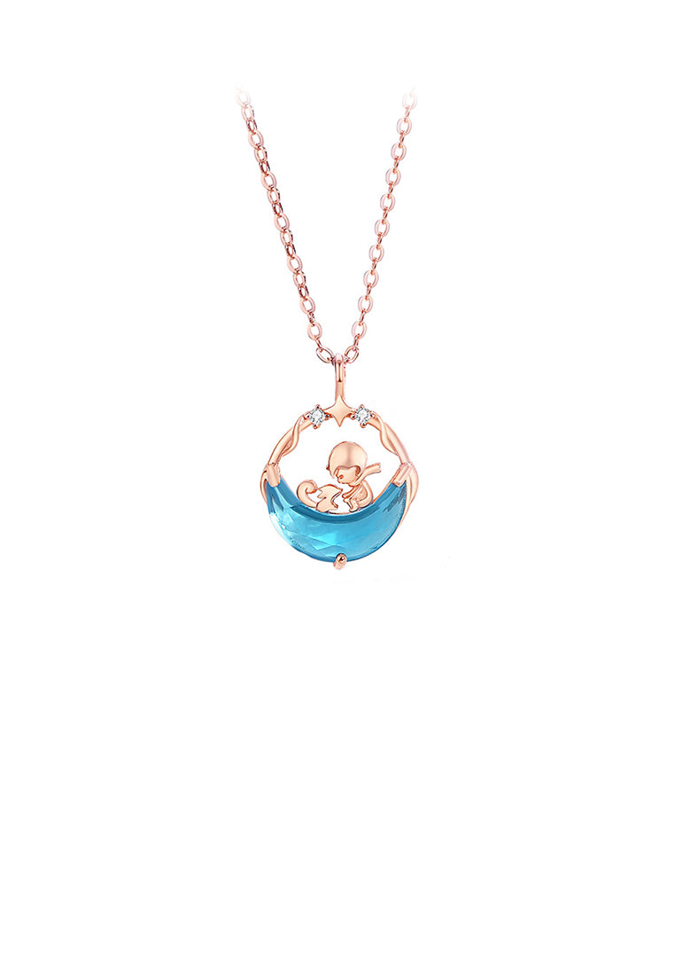 925 Sterling Silver Plated Rose Gold Fashion and Creative Little Prince Fox Moon Pendant with Cubic Zirconia and Necklace - Luxurious Look