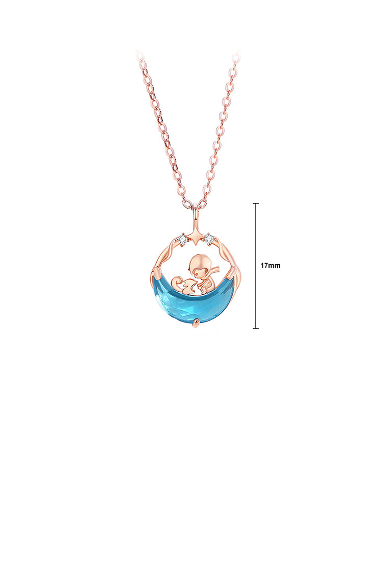 925 Sterling Silver Plated Rose Gold Fashion and Creative Little Prince Fox Moon Pendant with Cubic Zirconia and Necklace - Luxurious Look