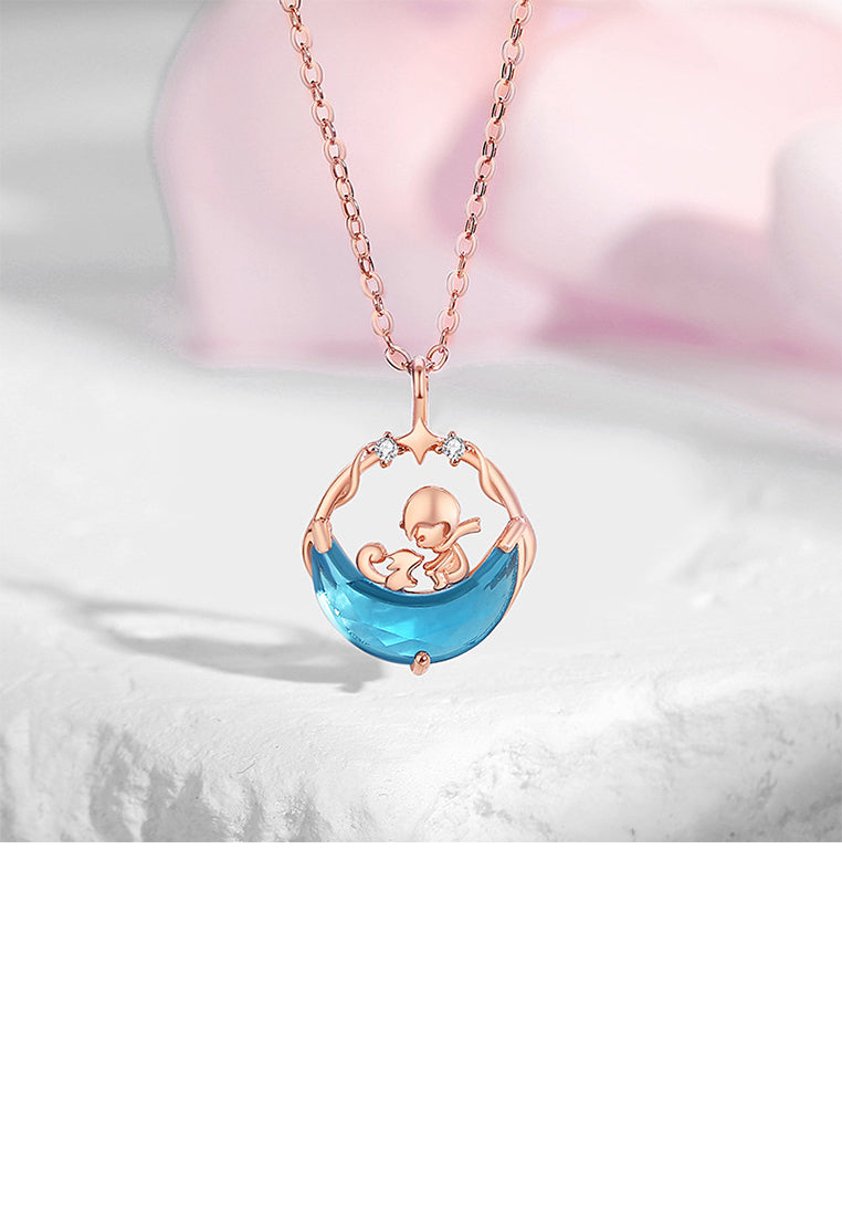 925 Sterling Silver Plated Rose Gold Fashion and Creative Little Prince Fox Moon Pendant with Cubic Zirconia and Necklace - Luxurious Look