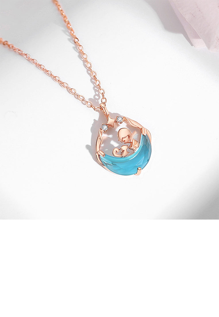 925 Sterling Silver Plated Rose Gold Fashion and Creative Little Prince Fox Moon Pendant with Cubic Zirconia and Necklace - Luxurious Look