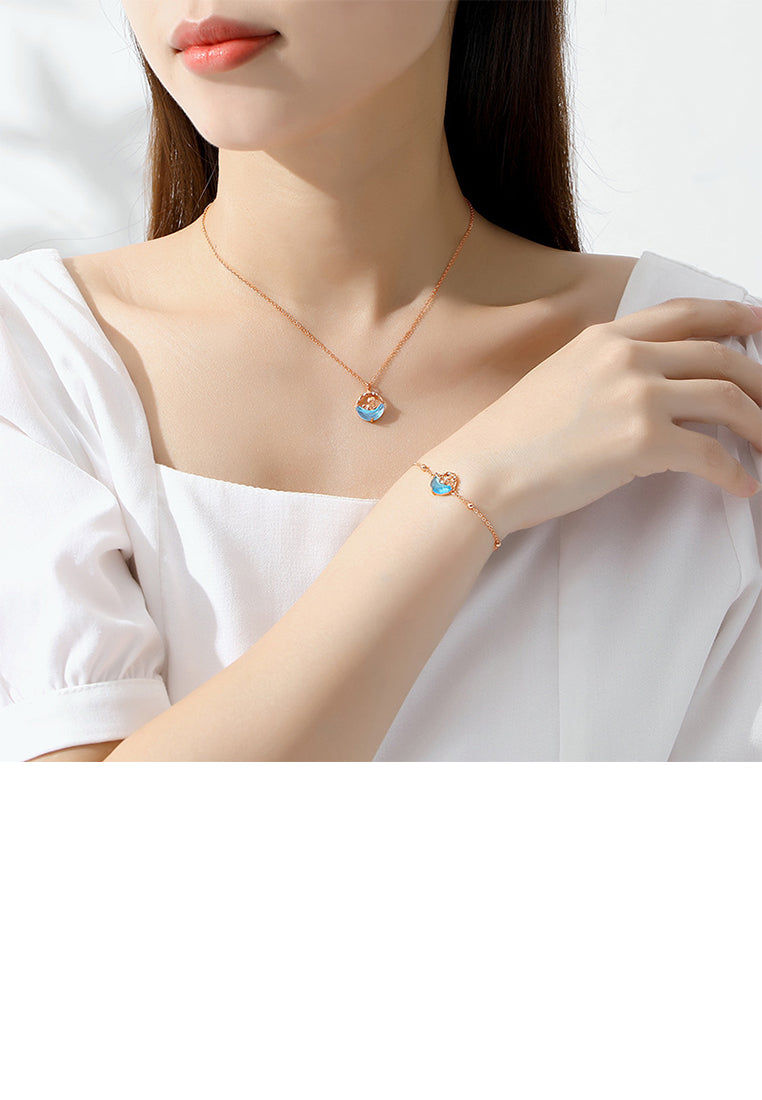 925 Sterling Silver Plated Rose Gold Fashion and Creative Little Prince Fox Moon Pendant with Cubic Zirconia and Necklace - Luxurious Look