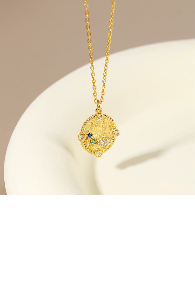 925 Sterling Silver Plated Gold Fashion Vintage Geometric Oval Pendant with Cubic Zirconia and Necklace - Luxurious Look