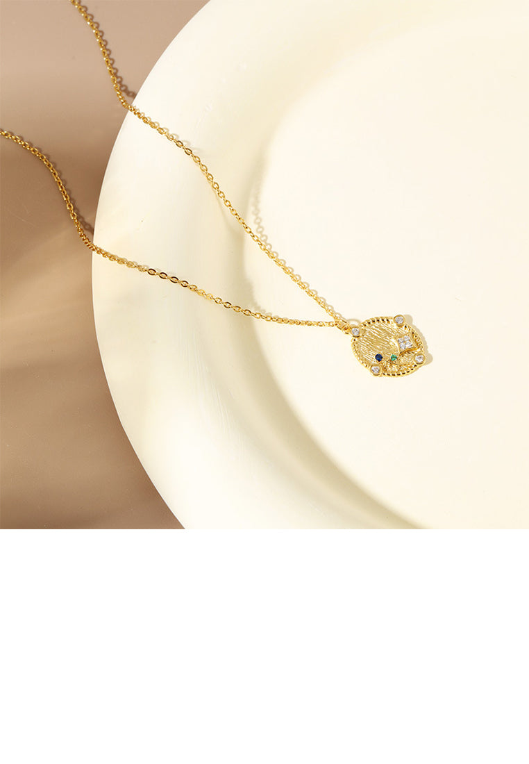 925 Sterling Silver Plated Gold Fashion Vintage Geometric Oval Pendant with Cubic Zirconia and Necklace - Luxurious Look