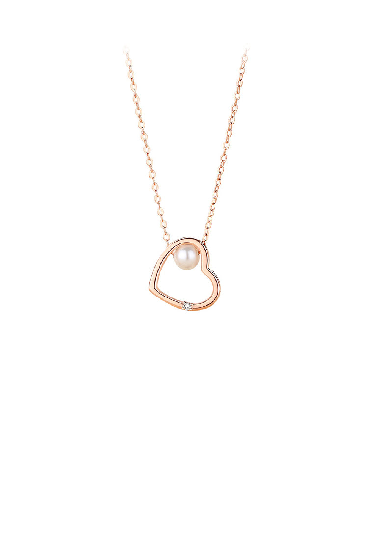 925 Sterling Silver Plated Rose Gold Simple Fashion Hollow Heart Shape Imitation Pearl Pendant with Necklace - Luxurious Look