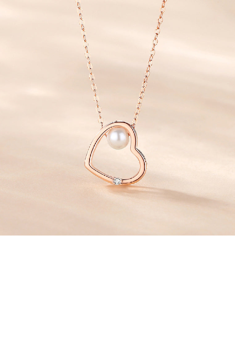 925 Sterling Silver Plated Rose Gold Simple Fashion Hollow Heart Shape Imitation Pearl Pendant with Necklace - Luxurious Look