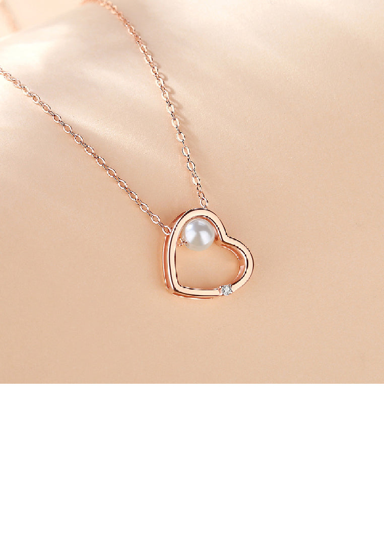 925 Sterling Silver Plated Rose Gold Simple Fashion Hollow Heart Shape Imitation Pearl Pendant with Necklace - Luxurious Look