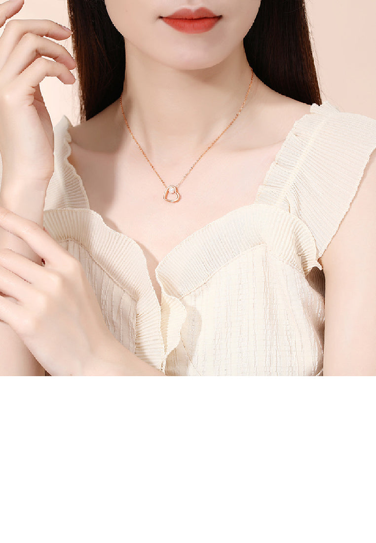 925 Sterling Silver Plated Rose Gold Simple Fashion Hollow Heart Shape Imitation Pearl Pendant with Necklace - Luxurious Look