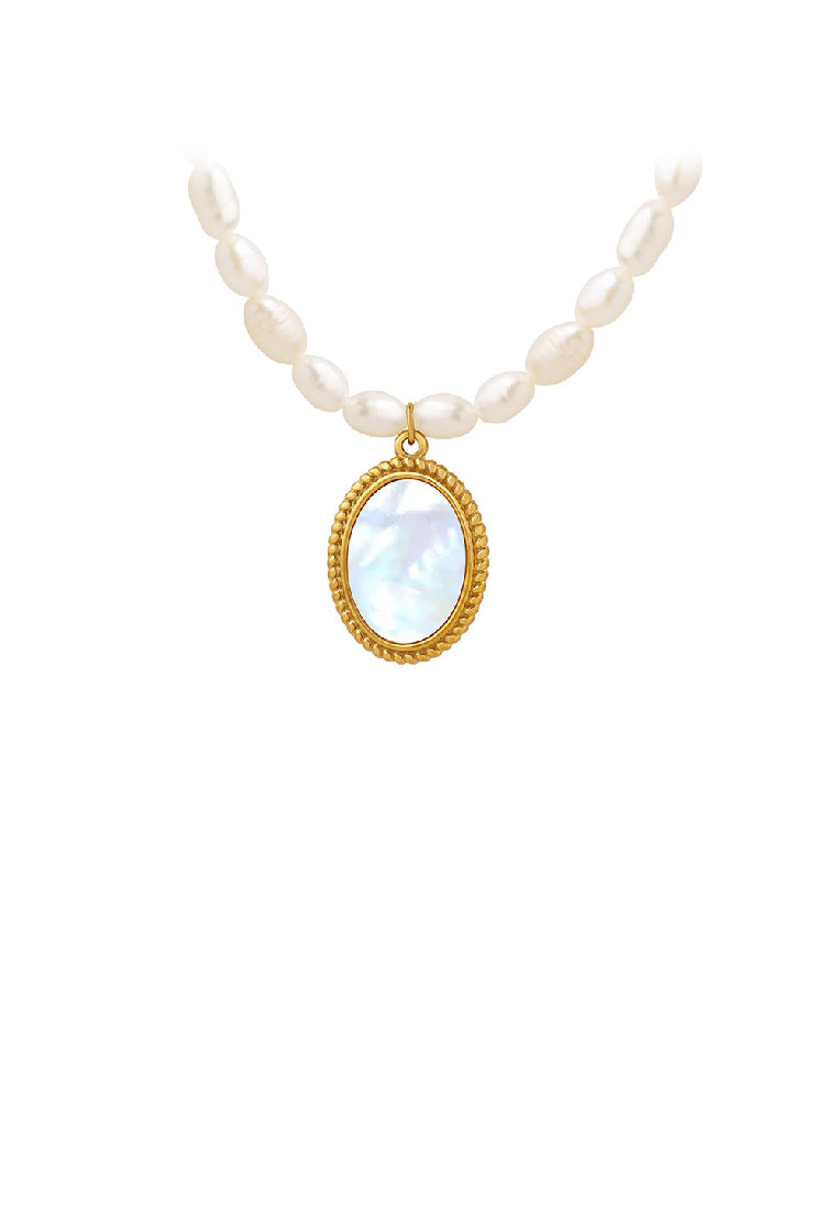 Fashion Elegant Plated Gold 316L Stainless Steel Shell Geometric Oval Pendant with Imitation Pearl Necklace - Luxurious Look