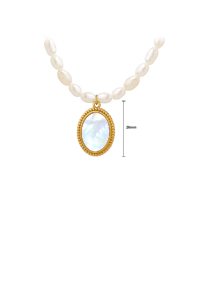 Fashion Elegant Plated Gold 316L Stainless Steel Shell Geometric Oval Pendant with Imitation Pearl Necklace - Luxurious Look