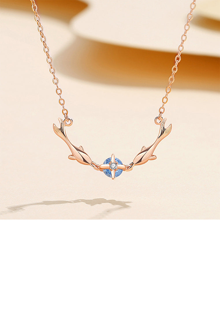 925 Sterling Silver Plated Rose Gold Simple Cute Dolphin Pendant with Cubic Zirconia and Necklace - Luxurious Look