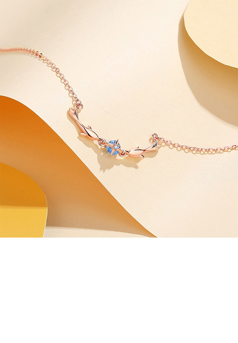 925 Sterling Silver Plated Rose Gold Simple Cute Dolphin Pendant with Cubic Zirconia and Necklace - Luxurious Look