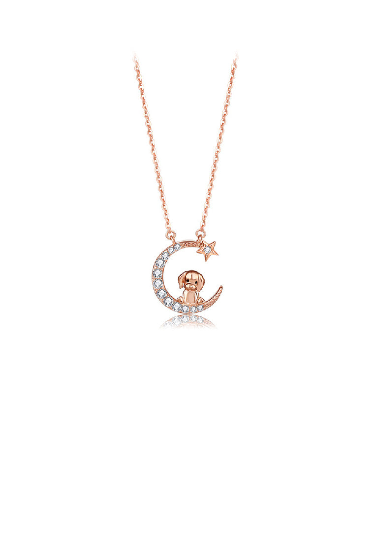 925 Sterling Silver Plated Rose Gold Fashion Simple Twelve Zodiac Dog Moon Pendant with Cubic Zirconia and Necklace - Luxurious Look