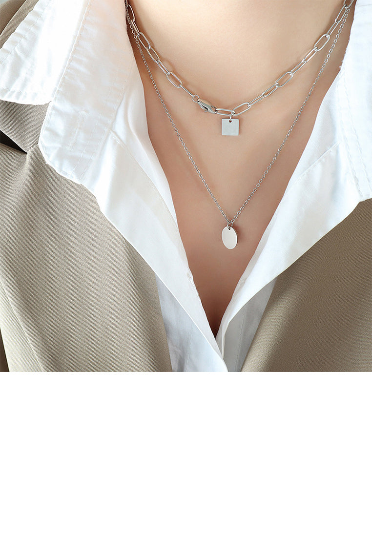 Fashion Simple 316L Stainless Steel Oval Square Double Layer Pendant with Necklace