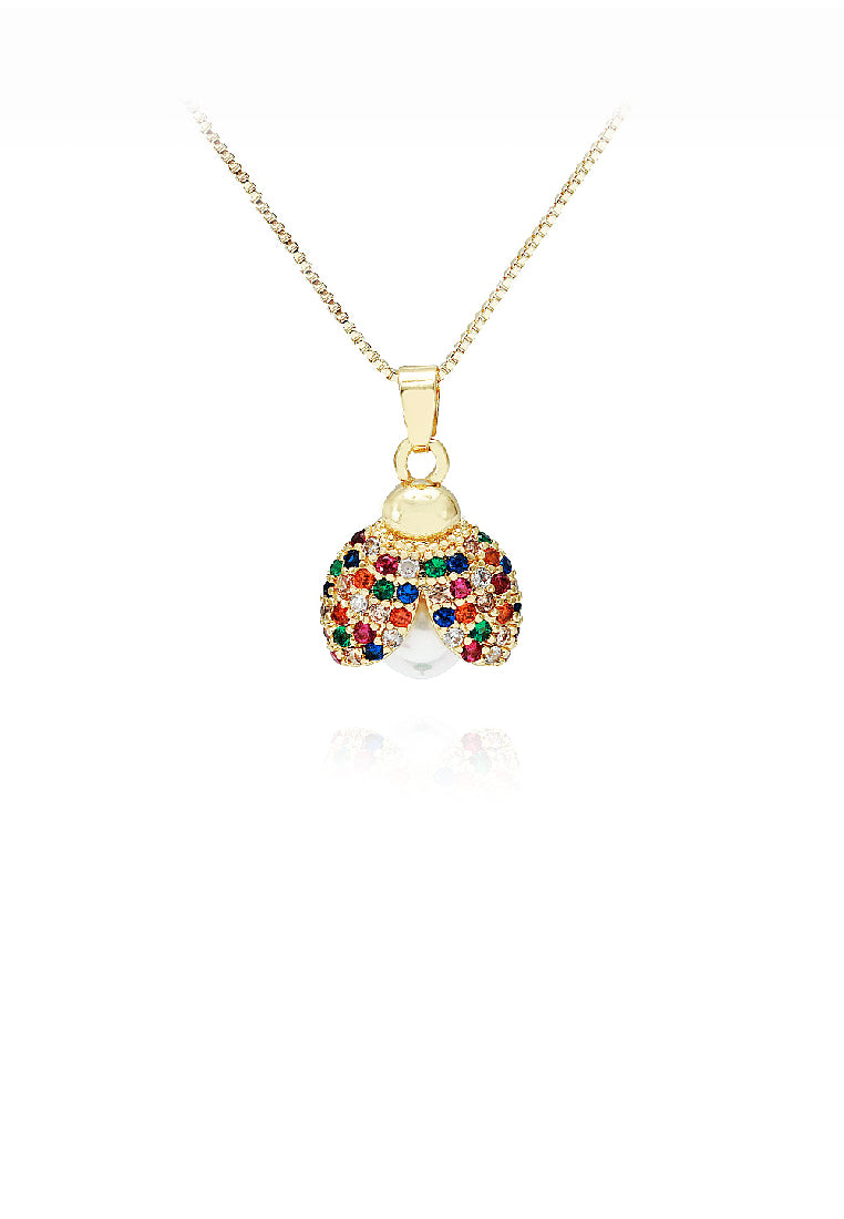 Fashion Simple Plated Gold Ladybug Imitation Pearl Pendant with Colorful Cubic Zirconia and Necklace - Luxurious Look
