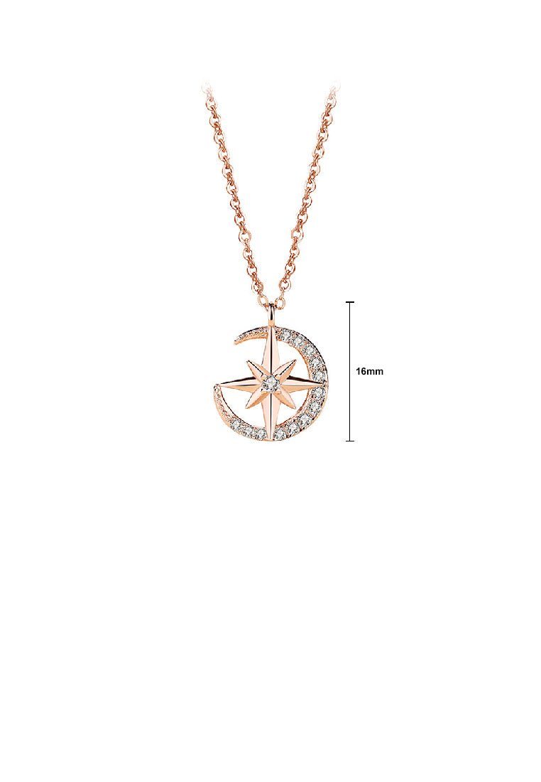 925 Sterling Silver Plated Rose Gold Simple Fashion Eight-pointed Star Moon Pendant with Cubic Zirconia and Necklace - Luxurious Look