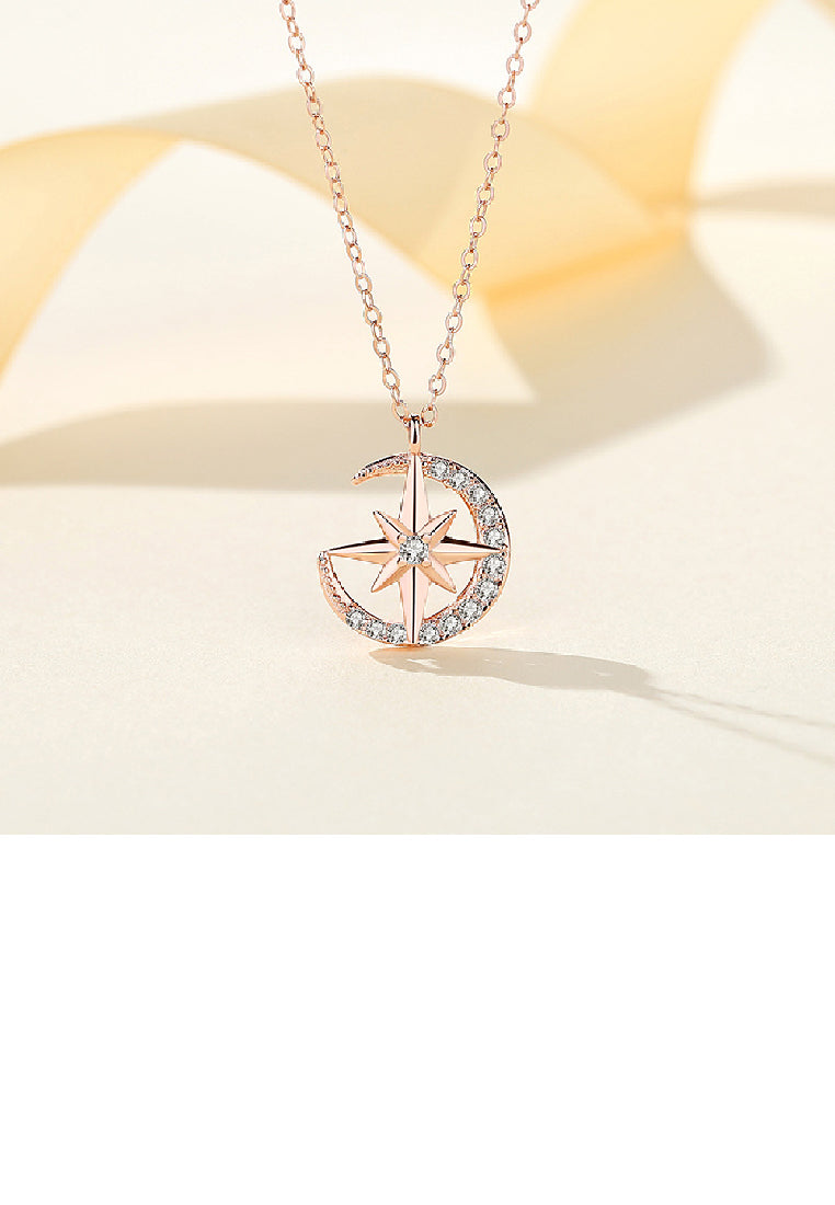 925 Sterling Silver Plated Rose Gold Simple Fashion Eight-pointed Star Moon Pendant with Cubic Zirconia and Necklace - Luxurious Look