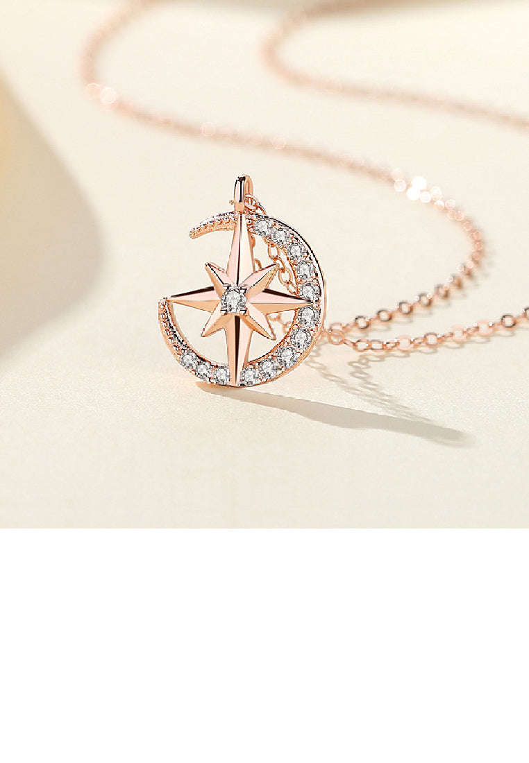 925 Sterling Silver Plated Rose Gold Simple Fashion Eight-pointed Star Moon Pendant with Cubic Zirconia and Necklace - Luxurious Look