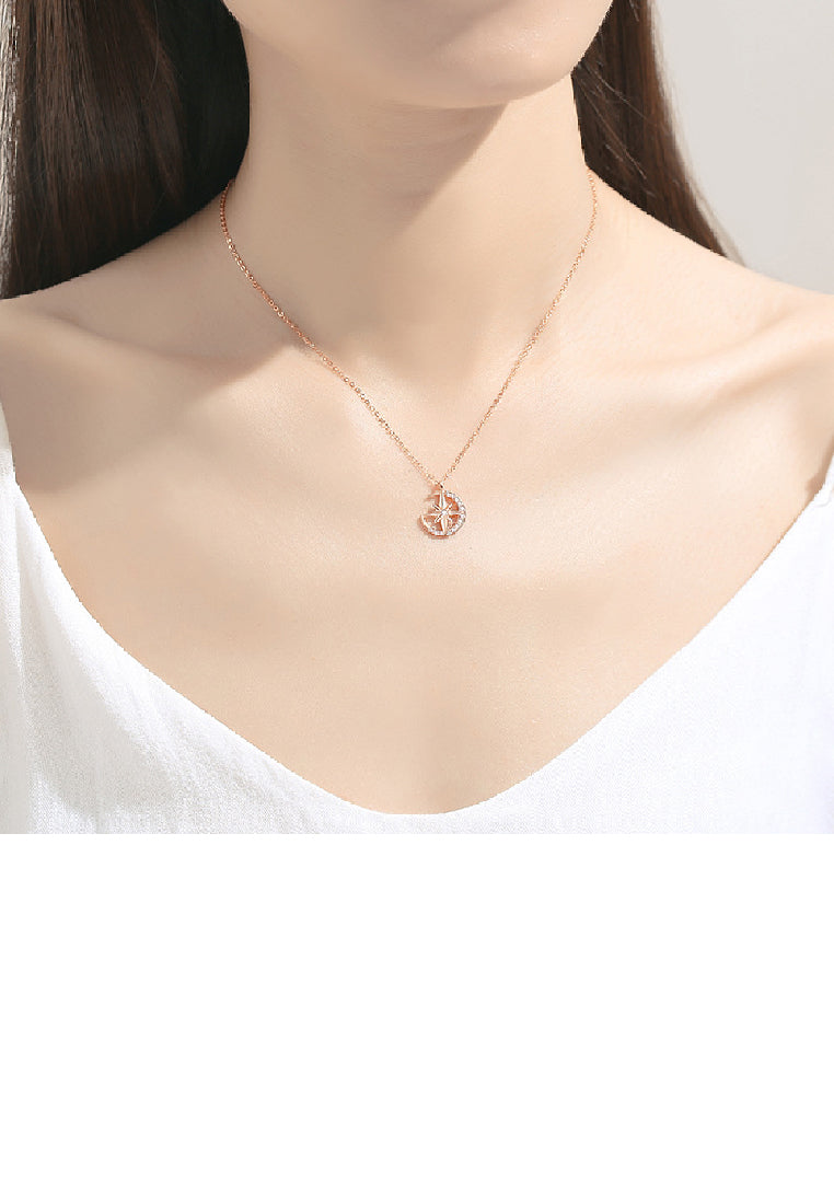 925 Sterling Silver Plated Rose Gold Simple Fashion Eight-pointed Star Moon Pendant with Cubic Zirconia and Necklace - Luxurious Look
